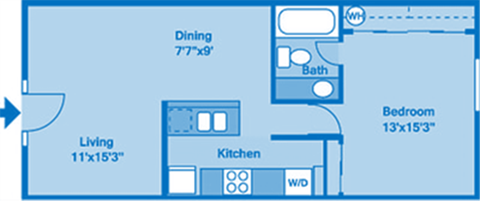 Floor plan for 1 bed, 1 bath, 585 sqft